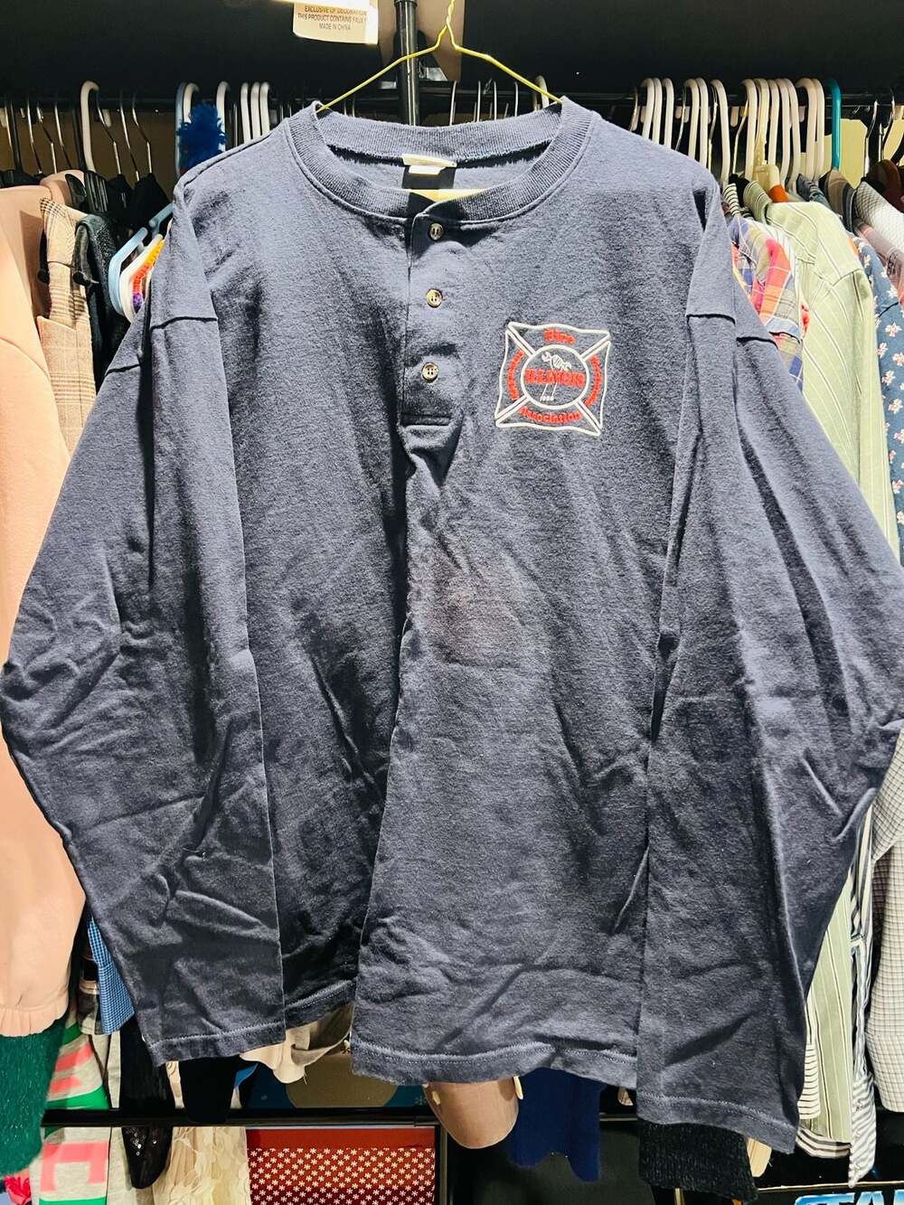 Vintage Anvil Cotton Illinois Fire Association 1986 Long Sleeve Henley Shirt